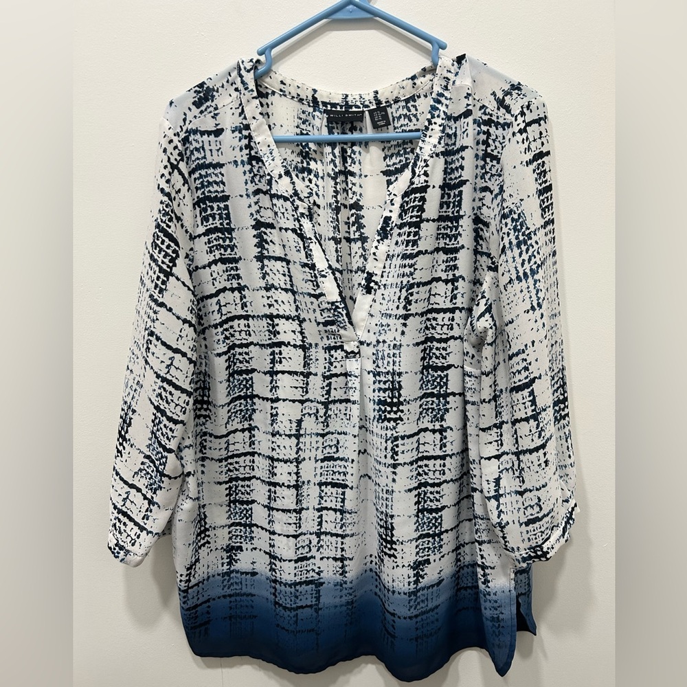 Willi Smith Blouse XL‎ Blue White Top Women’s Work Dress 3/4 Sleeves Casual